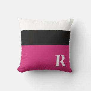 Fuchsia Rosa Black and White Färg Block Monogram Kudde