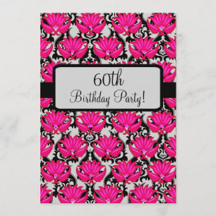 Fuchsia Rosa Black Damask 60:e Födelsedagsfesten Inbjudningar