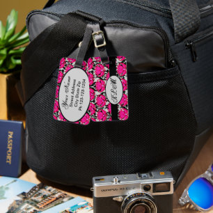 Fuchsia Rosa Black Grått Parisian Damask Monogram Bagagebricka