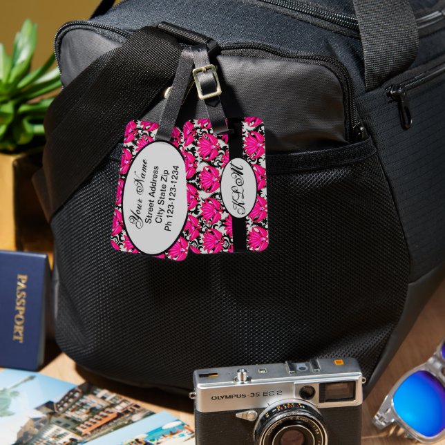 Fuchsia Rosa Black Grått Parisian Damask Monogram Bagagebricka (Fram & Baksida)