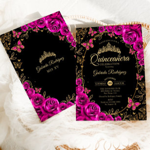 Fuchsia Rosa Black Guld Quinceanera Inbjudningar