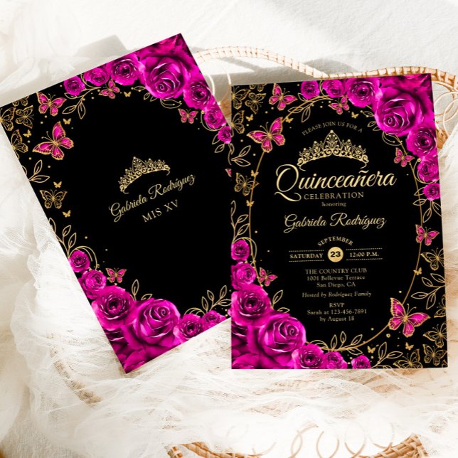 Fuchsia Rosa Black Guld Quinceanera Inbjudningar (Skapare uppladdad)