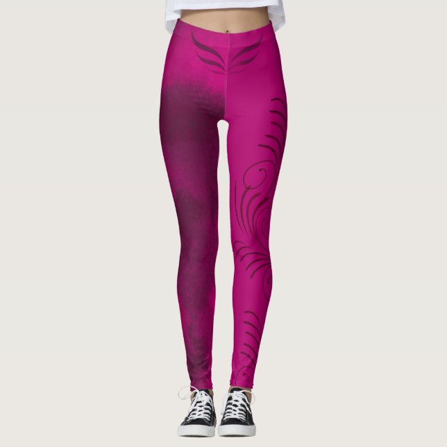 Fuchsia Rosa & blended Black/Mönster/Spiral/Vinge Leggings (Framsida)
