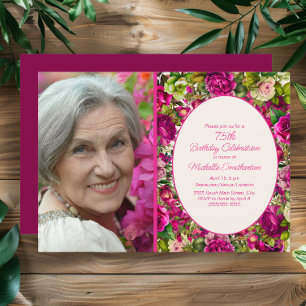 Fuchsia Rosa Blommig 75-års födelsedagsfoto Inbjudningar