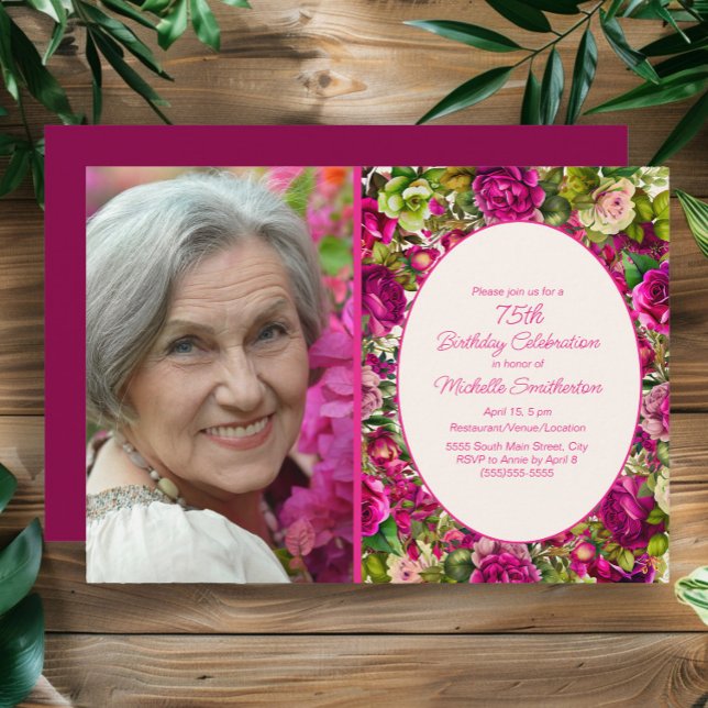 Fuchsia Rosa Blommig 75-års födelsedagsfoto Inbjudningar (Fuchsia/pink 75th birthday party photo invitation)