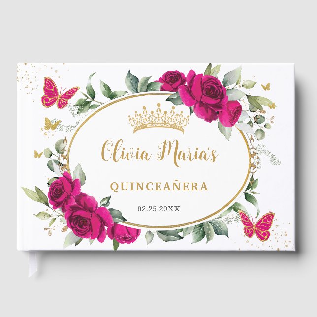 Fuchsia Rosa Blommig Fjäril Guld Quinceanera 15 Gästböcker (Framsida)