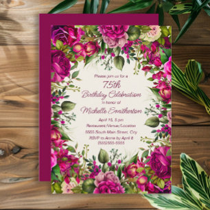 Fuchsia Rosa Blommig Gröna blad 75-årsdag Inbjudningar