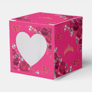 Fuchsia Rosa Blommig Guld Quinceanera 15 16 XV Min Presentaskar