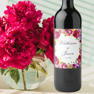 Fuchsia Rosa Blommigt Chic Personlig Bröllop Vinflaska Etikett