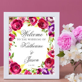 Fuchsia Rosa Blommigt Chic Romantic Bröllop Välkom Poster