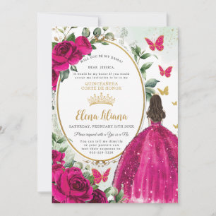 Fuchsia Rosa Blommigt Dress Quinceañera Dama Reque Inbjudningar