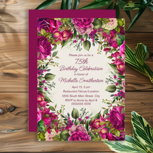Fuchsia Rosa Blommigt Grönt Löv 75:e födelsedag Inbjudningar (Fuchsia and pink watercolor floral 75th birthday party invitation)