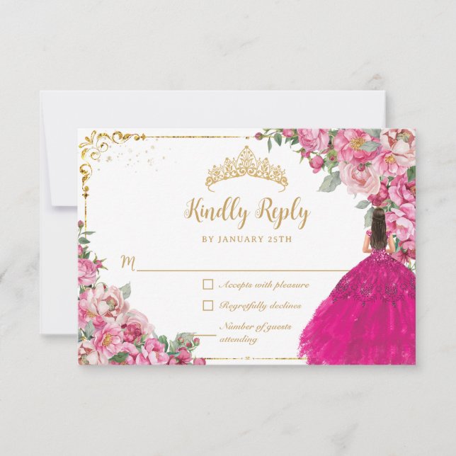 Fuchsia Rosa Blommigt Guld Princess Gown Quinceane OSA Kort (Framsida)