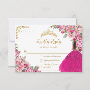 Fuchsia Rosa Blommigt Guld Princess Gown Quinceane OSA Kort