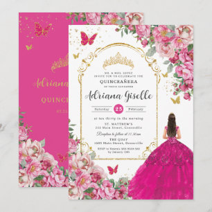 Fuchsia Rosa Blommigt Guld Quinceañera Sweet 16 XV Inbjudningar