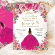 Fuchsia Rosa Blommigt Guld Quinceanera XV Sweet 16