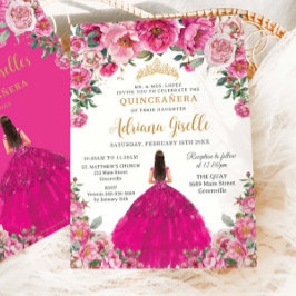 Fuchsia Rosa Blommigt Guld Quinceanera XV Sweet 16 Inbjudningar