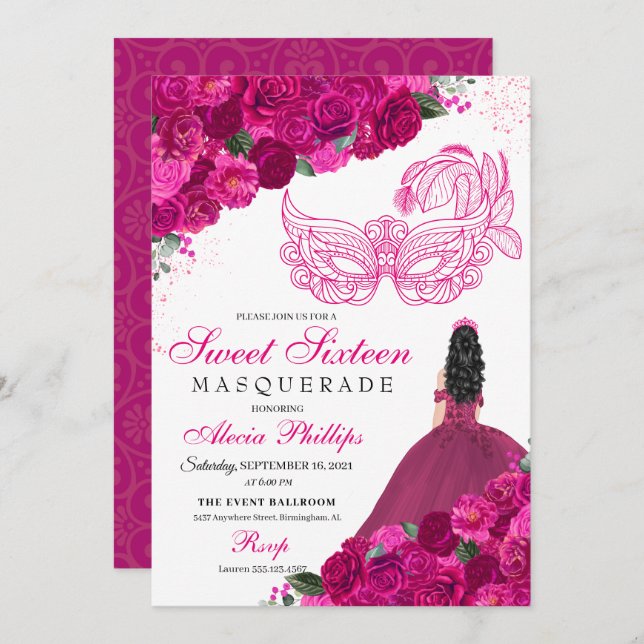 Fuchsia Rosa Blommigt Masquerad Sweet 16-inbjudan Inbjudningar (Fram/baksida)