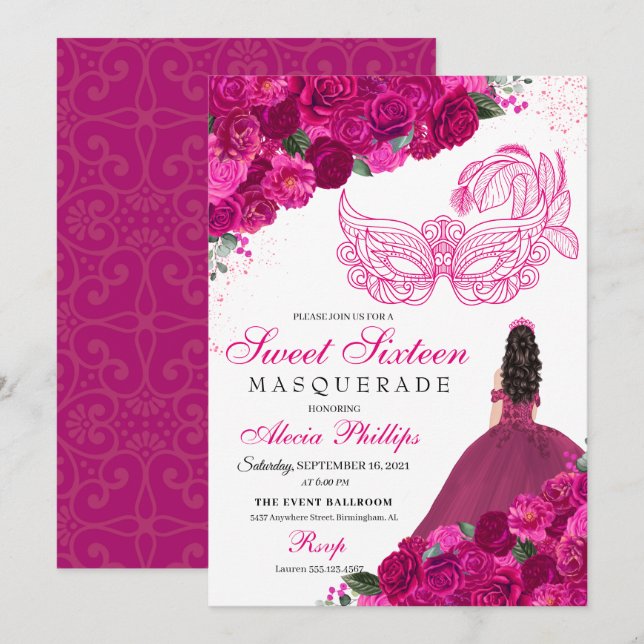 Fuchsia Rosa Blommigt Masquerad Sweet 16-inbjudan Inbjudningar (Fram/baksida)