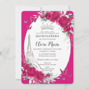 Fuchsia Rosa Blommigt Paris Butterflies Quinceañer Inbjudningar
