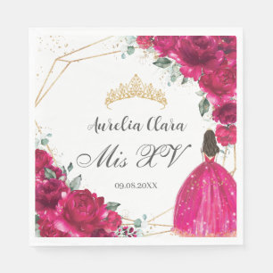 Fuchsia Rosa Blommigt Princess Gown Guld Quinceañe Pappersservett