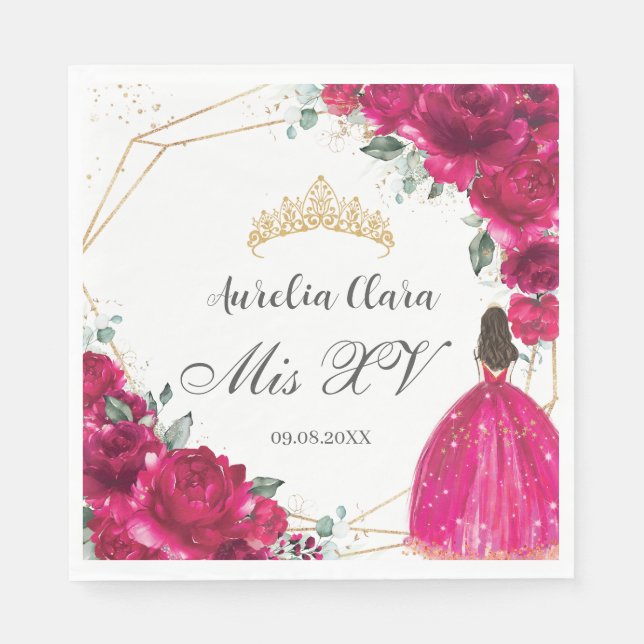 Fuchsia Rosa Blommigt Princess Gown Guld Quinceañe Pappersservett (Framsidan)