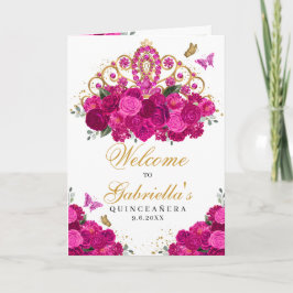 Fuchsia Rosa Blommigt Tiara Quinceanera Program