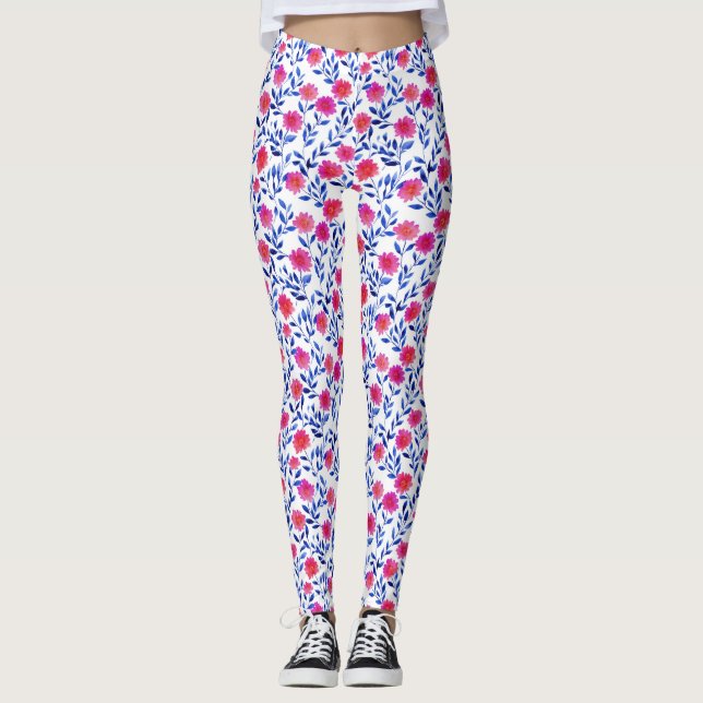Fuchsia Rosa Blommor Vattenfärg Blommig Stilfull Leggings (Framsida)