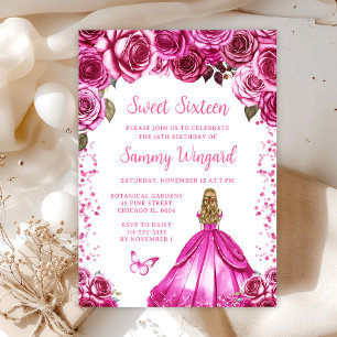 Fuchsia Rosa Blond Hår Prinsessa Sweet Sixteen Inbjudningar