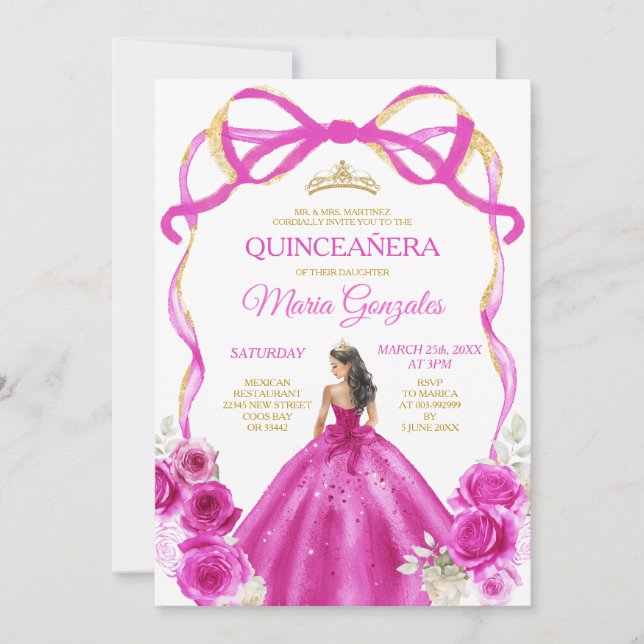Fuchsia Rosa Bow Princess Guld Krona Quinceañera Inbjudningar (Framsida)