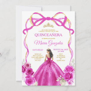 Fuchsia Rosa Bow Princess Guld Krona Quinceañera Inbjudningar