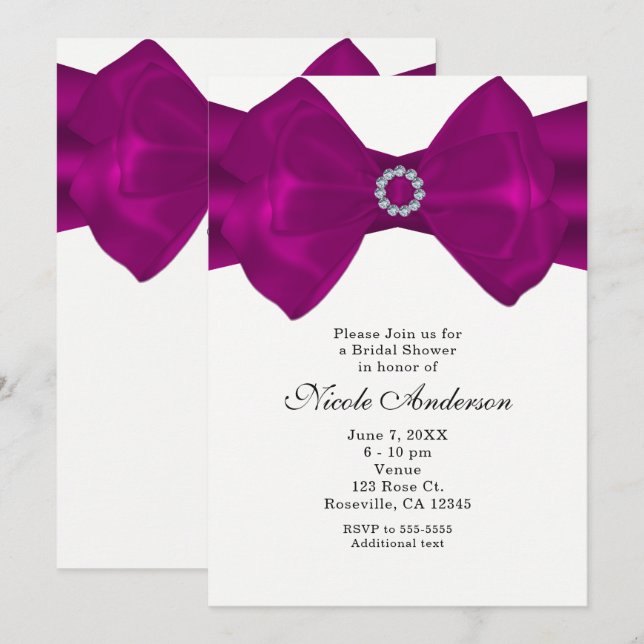 Fuchsia Rosa Bow Remsa & Diamanter Glam Inbjudan (Fram/baksida)