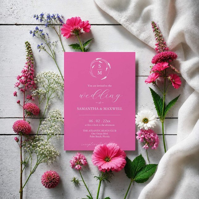 Fuchsia Rosa bröllopsinbjudan med QR-kod Inbjudningar (Dark pink wedding invitations designed with hand drawn floral line art by Do Tell A Belle)