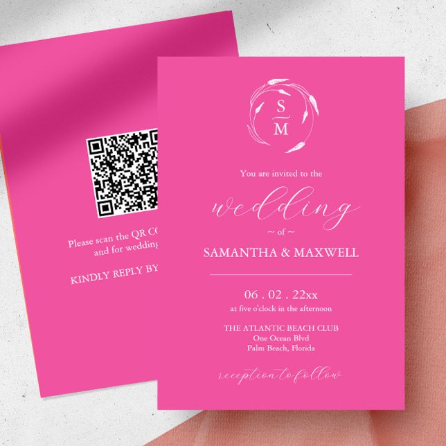 Fuchsia Rosa bröllopsinbjudan med QR-kod Inbjudningar (sustainable wedding invitation fuchsia pink line art by Victoria Grigaliunas of Do Tell A Belle)