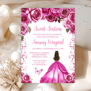 Fuchsia Rosa Brunhårig Prinsessa Sweet Sixteen Inbjudningar
