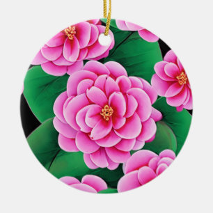 Fuchsia Rosa Camellias och Jade Grönt Löv Julgransprydnad Keramik