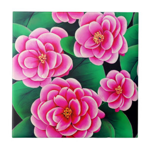 Fuchsia Rosa Camellias och Jade Grönt Löv Kakelplatta