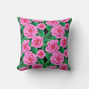 Fuchsia Rosa Camellias och Jade Grönt Löv Kudde