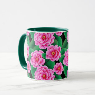 Fuchsia Rosa Camellias och Jade Grönt Löv Mugg