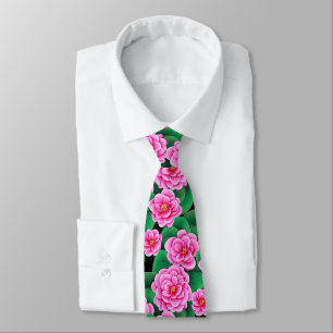 Fuchsia Rosa Camellias och Jade Grönt Löv Slips