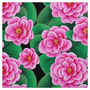 Fuchsia Rosa Camellias och Jade Grönt Löv Tyg