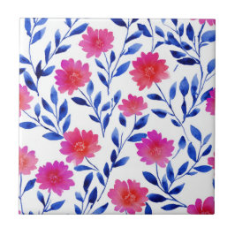 Fuchsia Rosa Chic Vårblommor Akvarell Blommor Kakelplatta