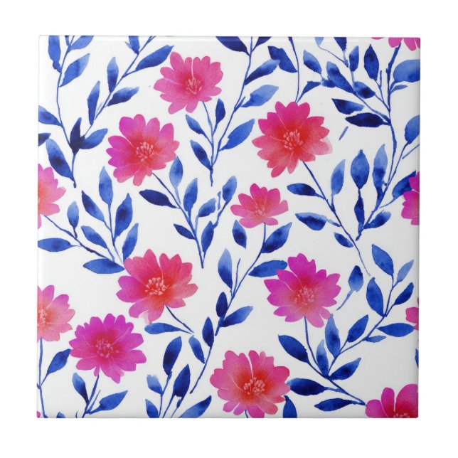 Fuchsia Rosa Chic Vårblommor Akvarell Blommor Kakelplatta (Framsidan)