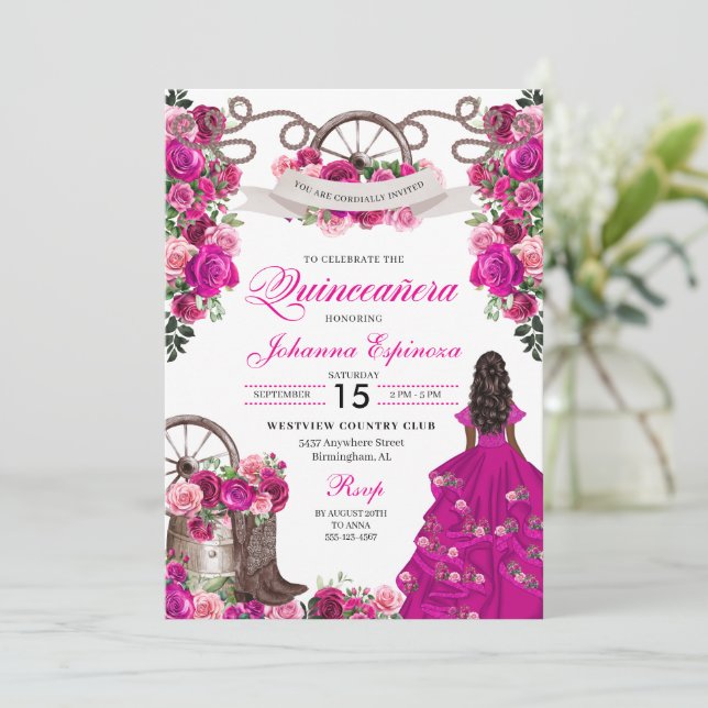 Fuchsia Rosa Cowgirl Western Charro Quinceanera Inbjudningar (Stående Fram)