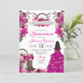 Fuchsia Rosa Cowgirl Western Charro Quinceanera Inbjudningar