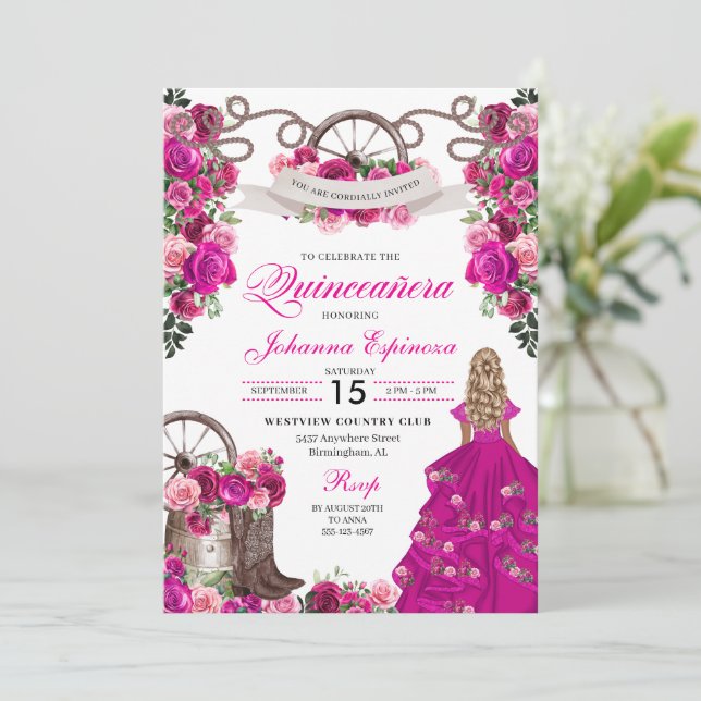 Fuchsia Rosa Cowgirl Western Charro Quinceanera Inbjudningar (Stående Fram)