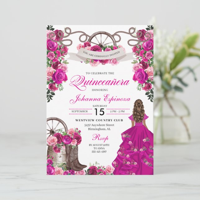 Fuchsia Rosa Cowgirl Western Charro Quinceanera Inbjudningar (Stående Fram)