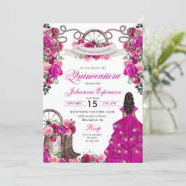 Fuchsia Rosa Cowgirl Western Charro Quinceanera Inbjudningar