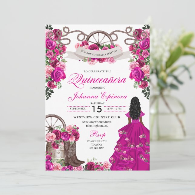 Fuchsia Rosa Cowgirl Western Charro Quinceanera Inbjudningar (Stående Fram)