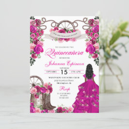 Fuchsia Rosa Cowgirl Western Charro Quinceanera Inbjudningar